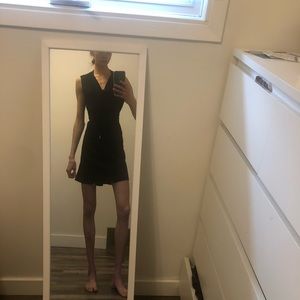 Deep v black mini dress with tie belt